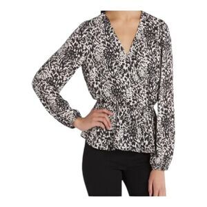 Nine Britton Medium Black White Print Blouse V-Neck Faux Wrap Elastic Tie Waist